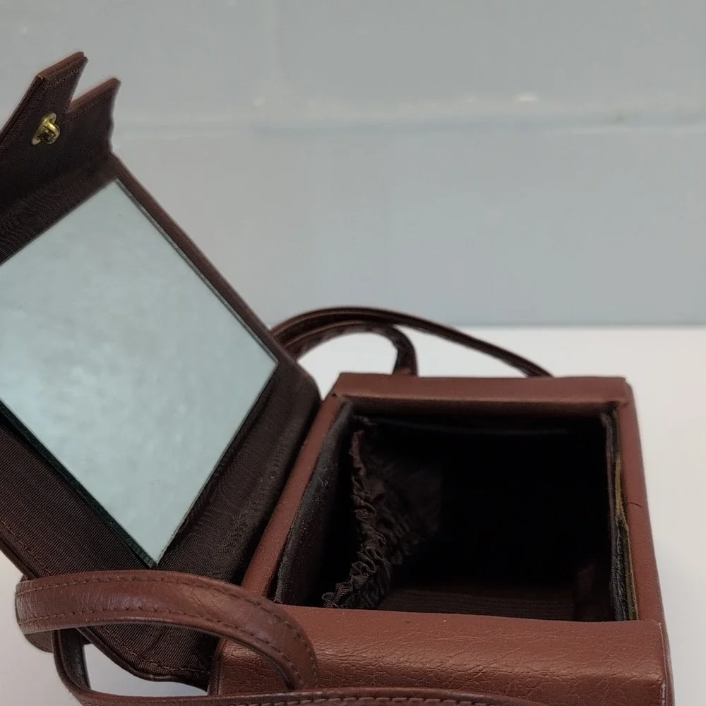 Vintage Geometric Brown Travel Vanity Makeup Case w/ Mirror, 8x4x3 in.